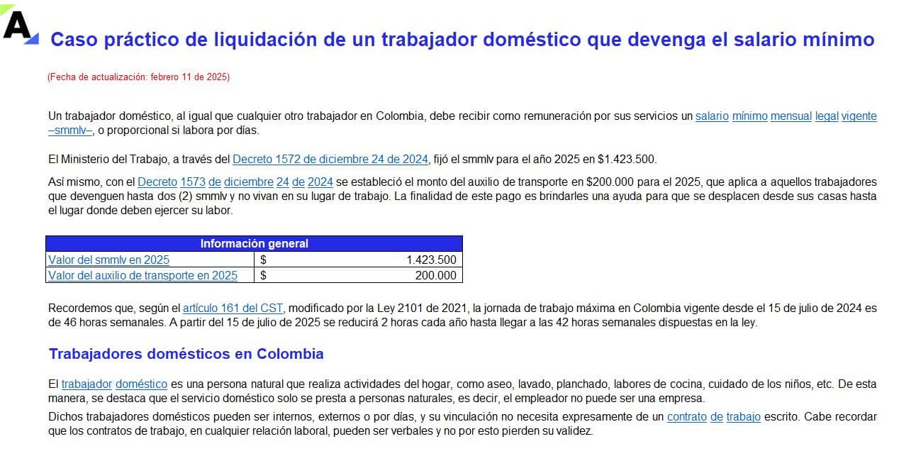 Caso práctico de liquidación de un trabajador doméstico que devenga el salario mínimo