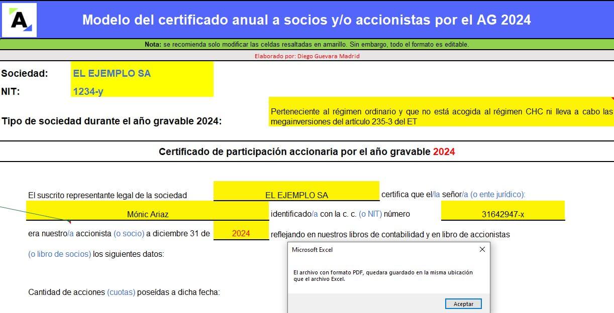 Modelo en Excel del certificado anual a socios y/o accionistas AG 2024