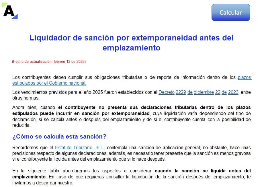 Liquidador de sanción por extemporaneidad antes del emplazamiento