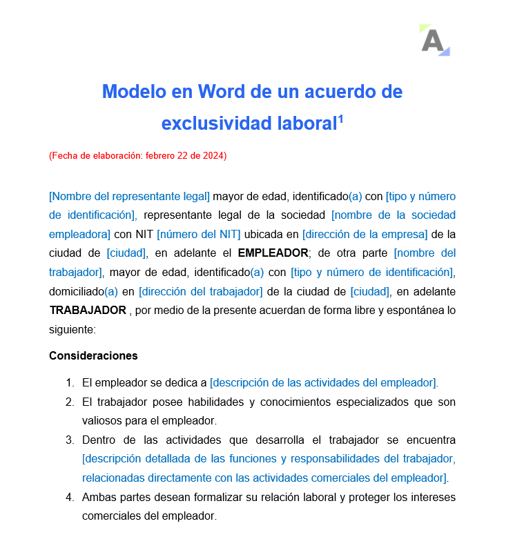 Modelo en Word de un acuerdo de exclusividad laboral