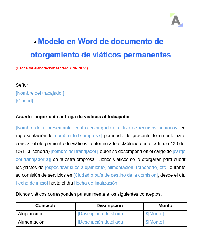Modelo en Word de documento de otorgamiento de viáticos permanentes