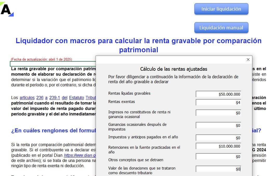 Liquidador con macros para calcular la renta gravable por comparación patrimonial