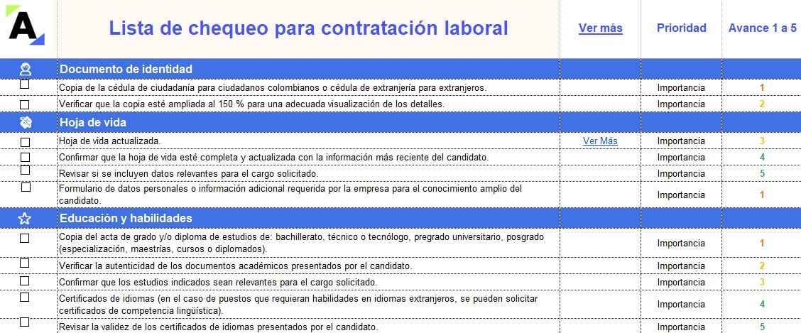 Lista de chequeo para contratación laboral