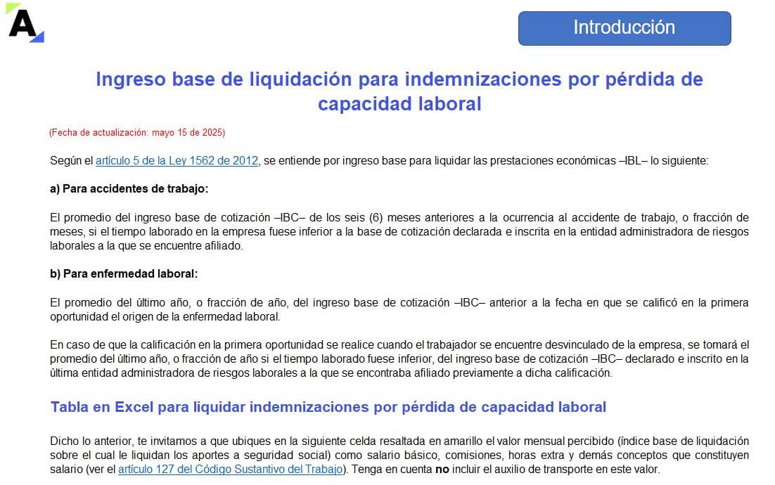 Tabla para liquidar indemnizaciones por pérdida de capacidad laboral
