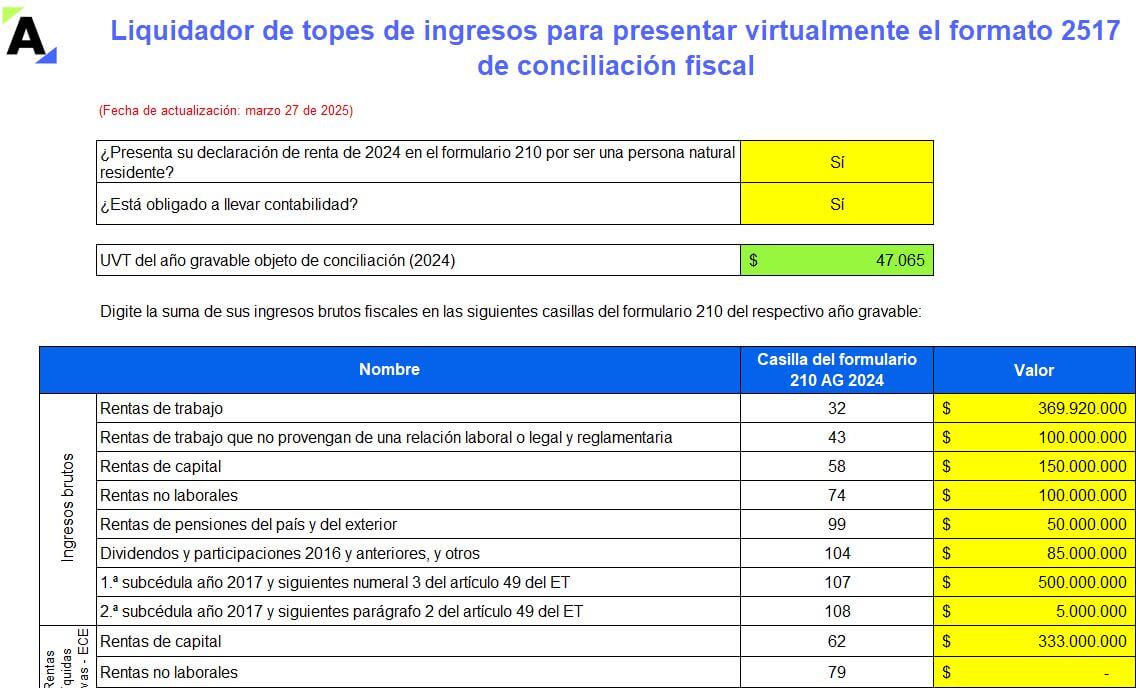 Liquidador de topes de ingresos para presentar formatos de conciliación fiscal 2516 y 2517