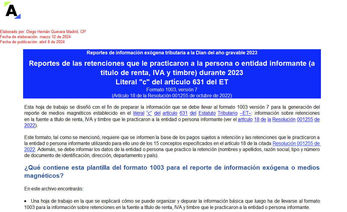 [Liquidador] Plantilla del formato 1003 de exógena 2023: retenciones que le practicaron al informante