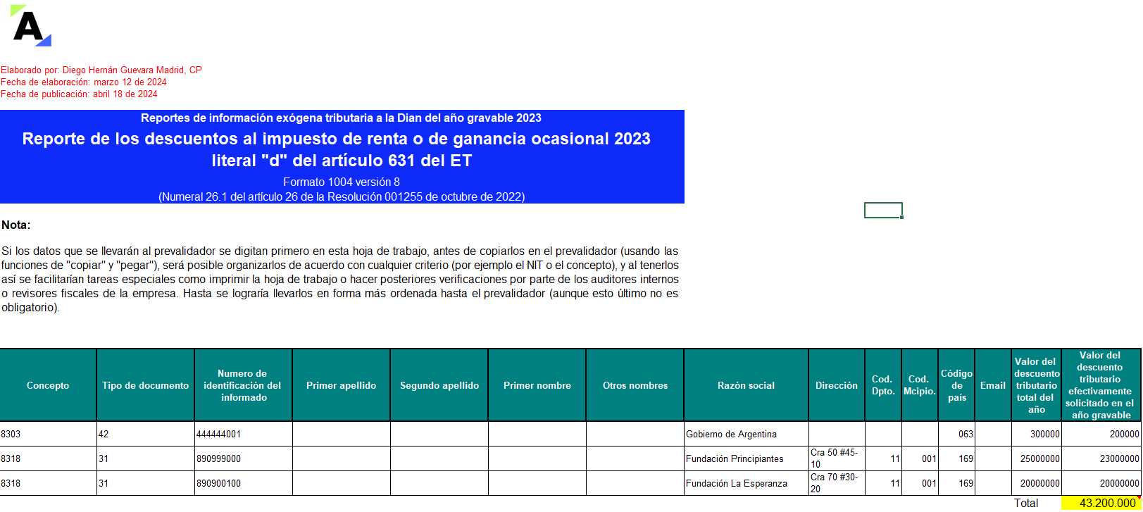 [Liquidador] Plantilla del formato 1004 de exógena 2023: reporte de descuentos al impuesto de renta y el SIMPLE