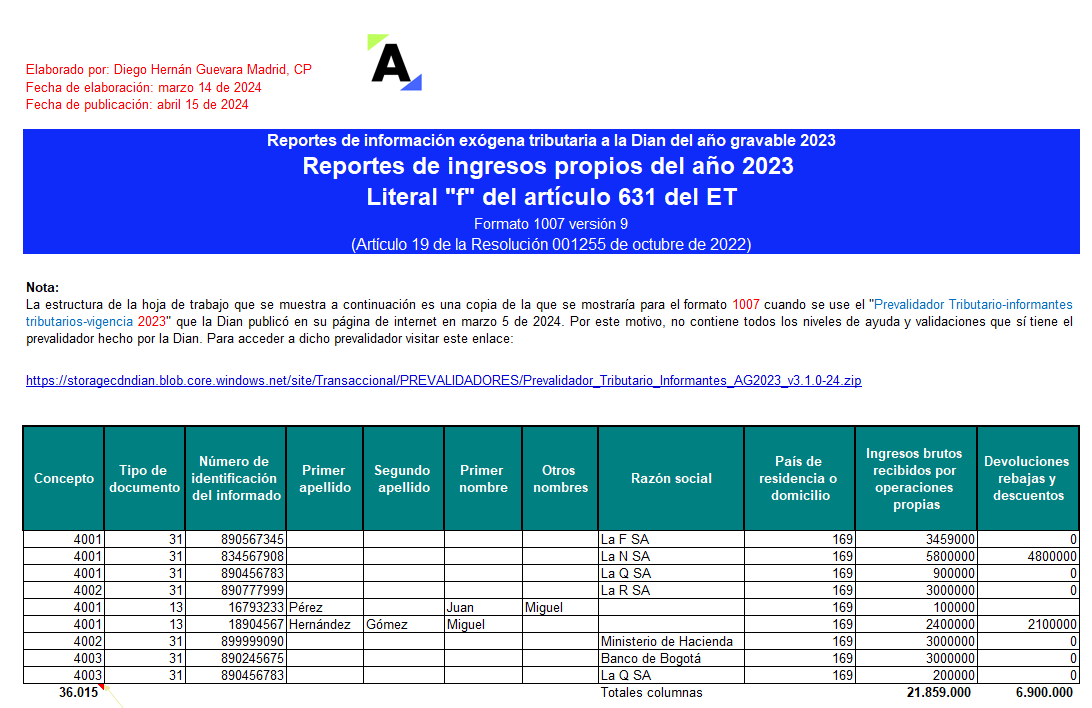 [Liquidador] Plantilla del formato 1007 de exógena 2023: información de ingresos propios