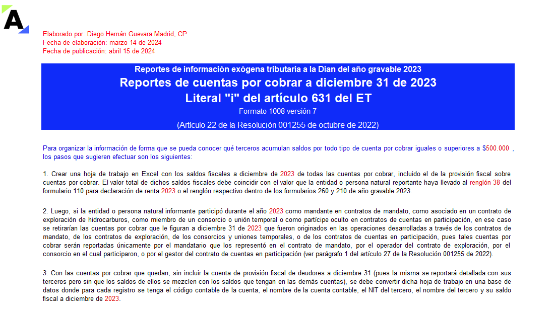 [Liquidador] Plantilla del formato 1008 de exógena 2023: información de cuentas por cobrar