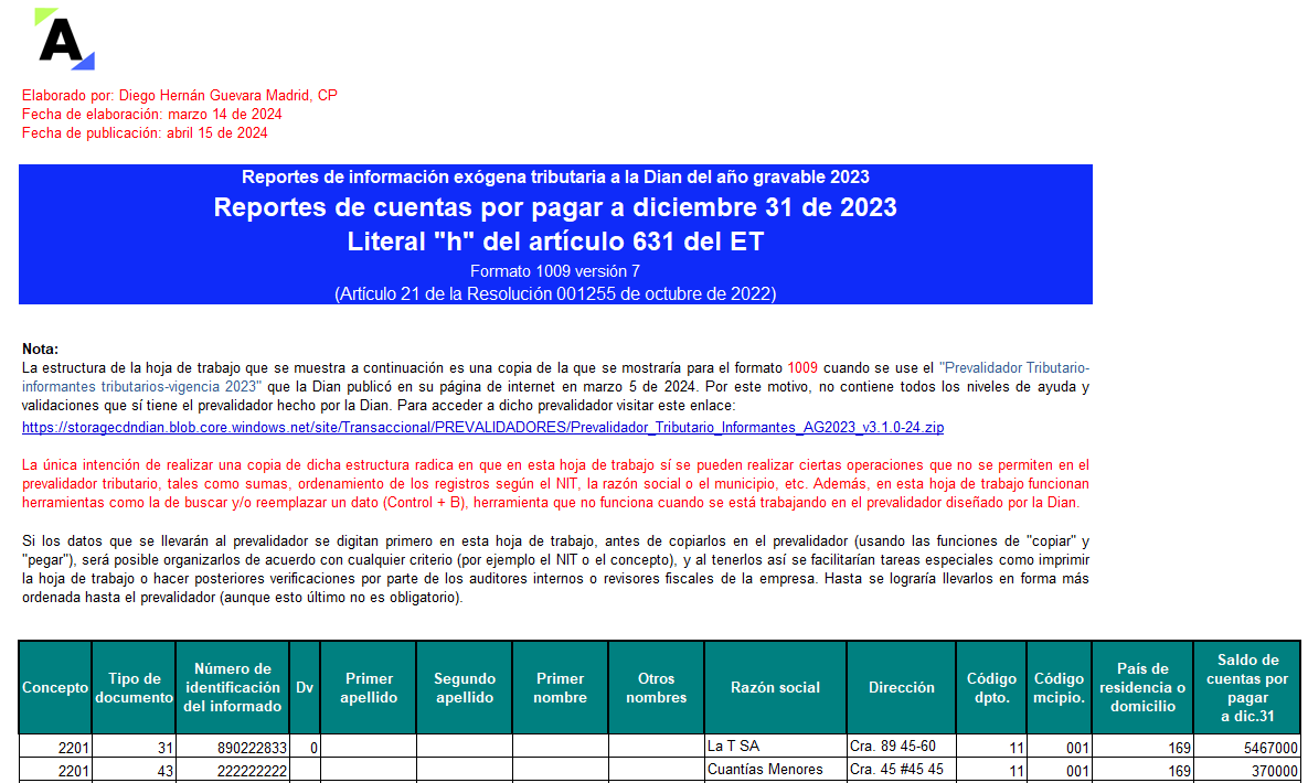 [Liquidador] Plantilla del formato 1009 de exógena 2023: información de cuentas por pagar