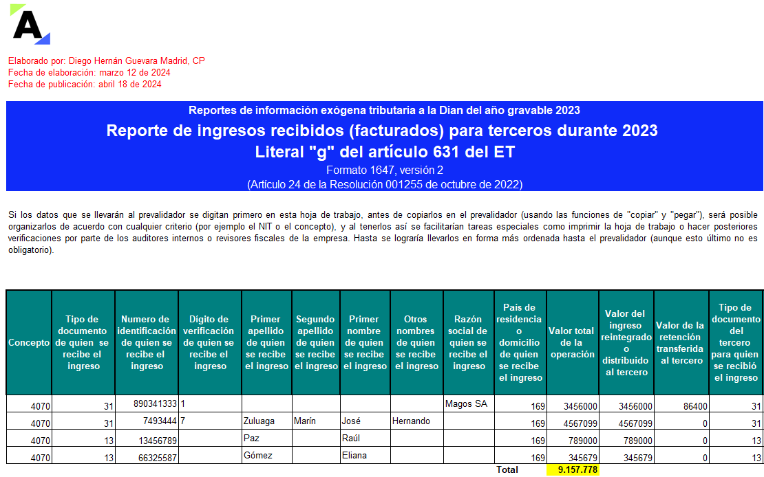 [Liquidador] Plantilla del formato 1647 de exógena 2023: reporte de ingresos recibidos para terceros