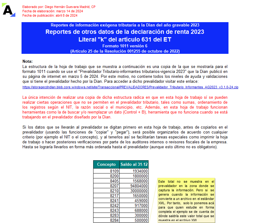 [Liquidador] Plantilla de los formatos 1011, 1012 y 2275 de exógena 2023 para el reporte de otros datos en renta e IVA