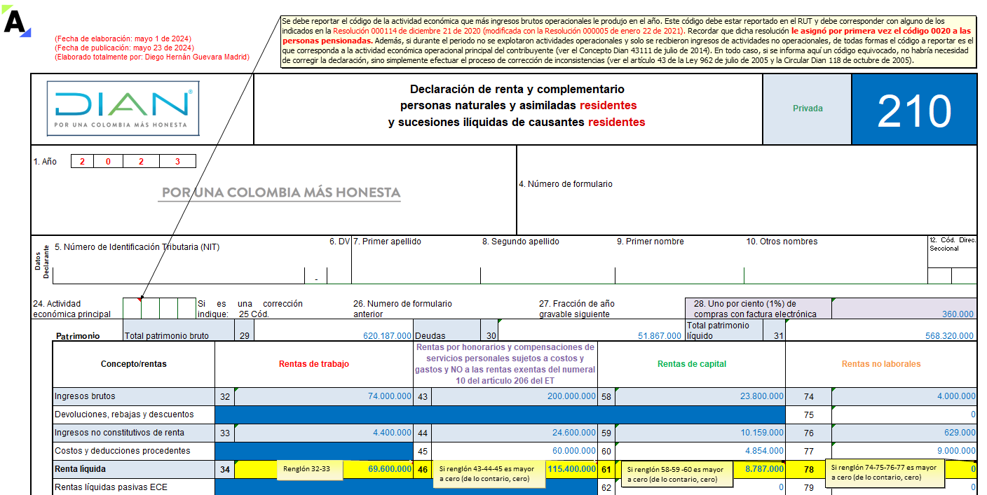 [Liquidador] Excel del formulario 210 para la declaración de renta de personas naturales residentes que no llevan contabilidad AG 2023