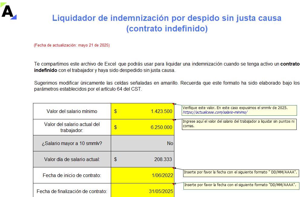 Liquidador de indemnización por despido sin justa causa (contrato indefinido)