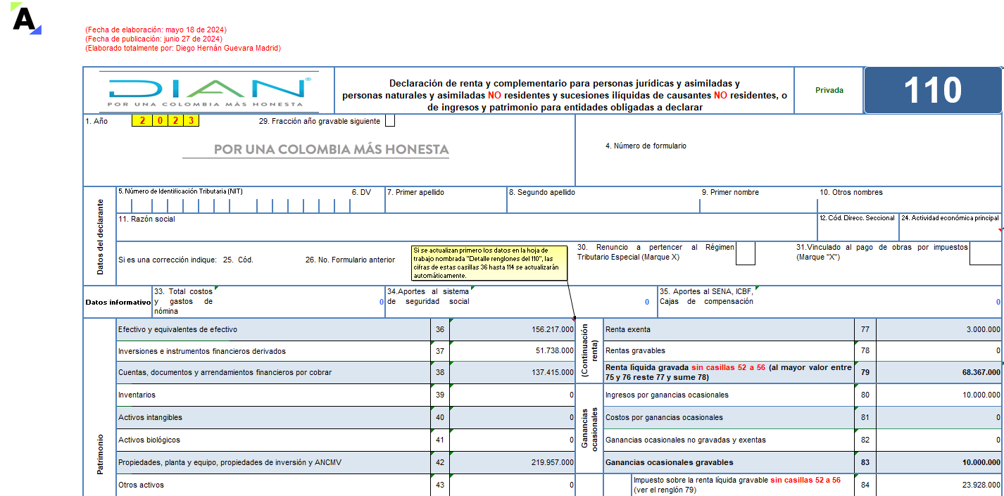 [Liquidador] Excel del formulario 110 para la declaración de renta de personas naturales no residentes que no llevan contabilidad AG 2023