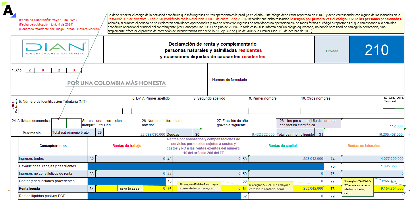 [Liquidador] Excel del formulario 210 y formato 2517 para la declaración de renta de personas naturales residentes que llevan contabilidad AG 2023