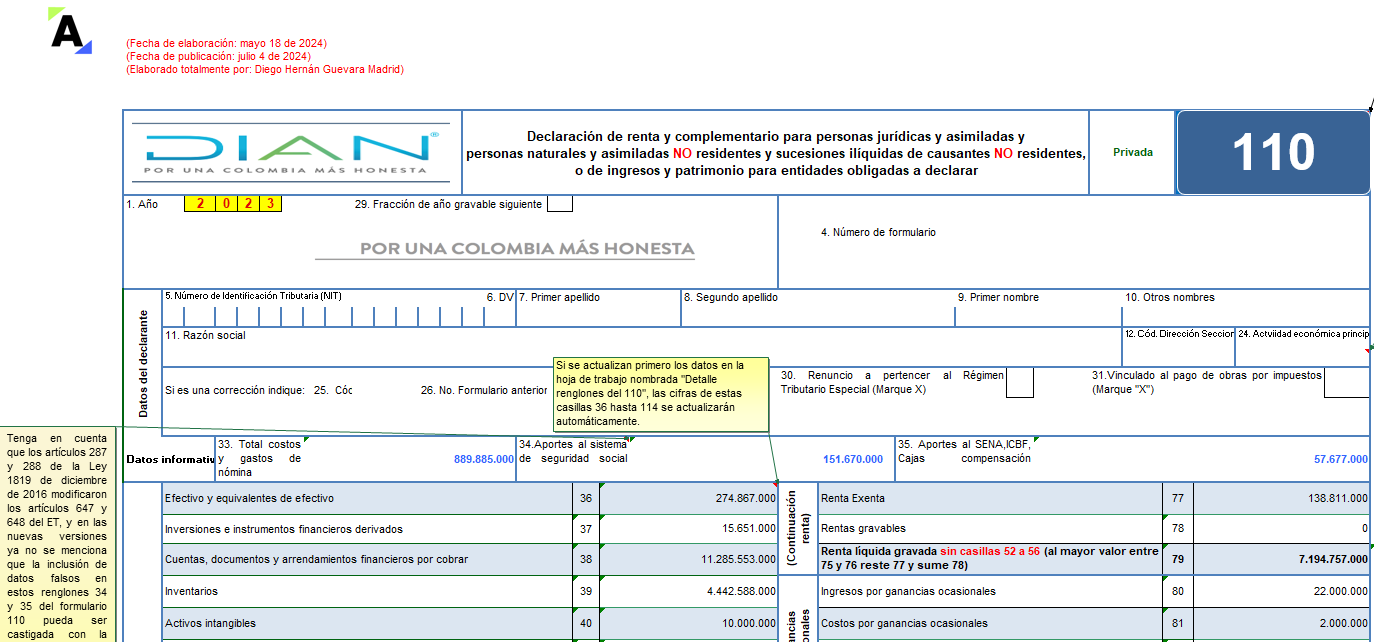 [Liquidador] Excel del formulario 110 y formato 2516 para la declaración de renta de personas naturales no residentes que llevan contabilidad AG 2023