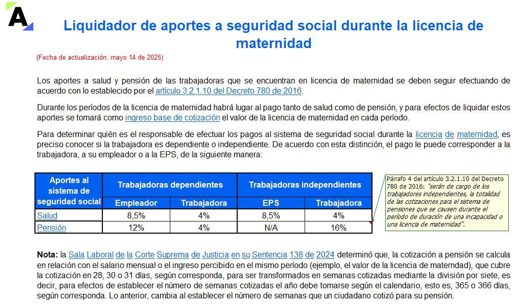 Liquidador de aportes a seguridad social durante la licencia de maternidad