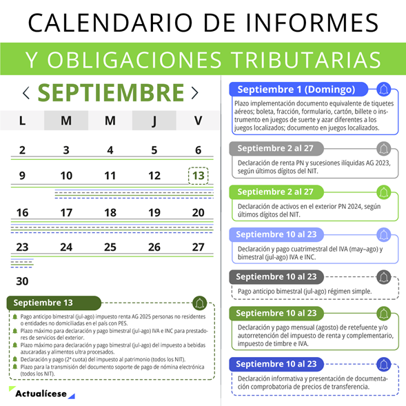 En septiembre de 2024 se vencerán 14 obligaciones tributarias por impuestos nacionales al mismo tiempo