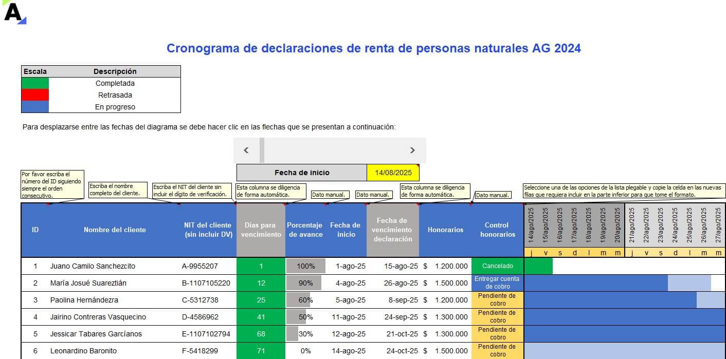 Formato de control de clientes de declaración de renta de persona natural
