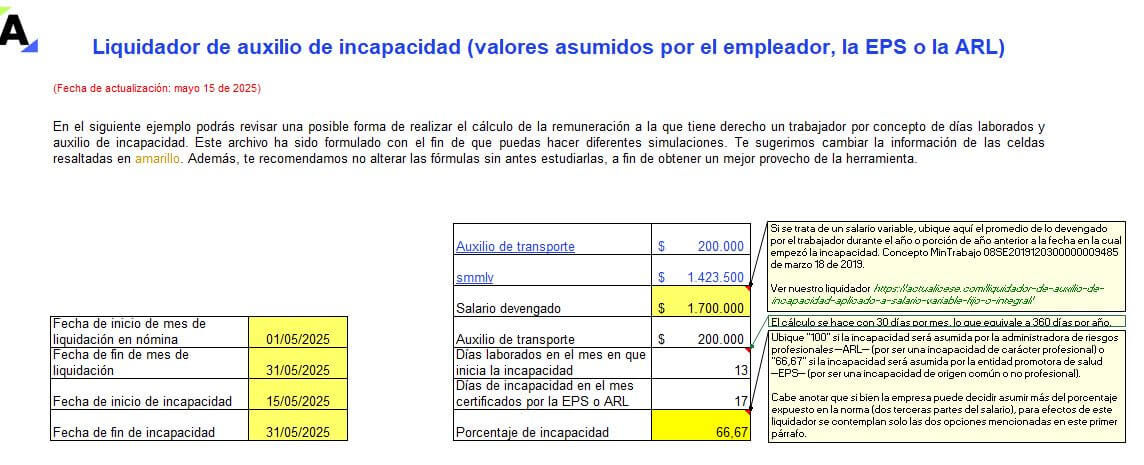 Liquidador de auxilio de incapacidad (valores asumidos por el empleador, la EPS o la ARL)