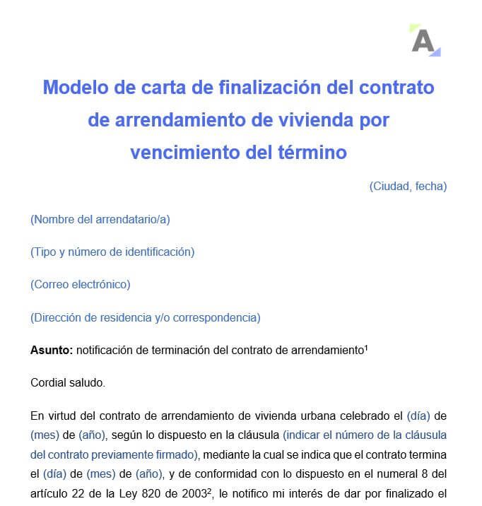 Carta de finalización del contrato de arrendamiento de vivienda por vencimiento del término