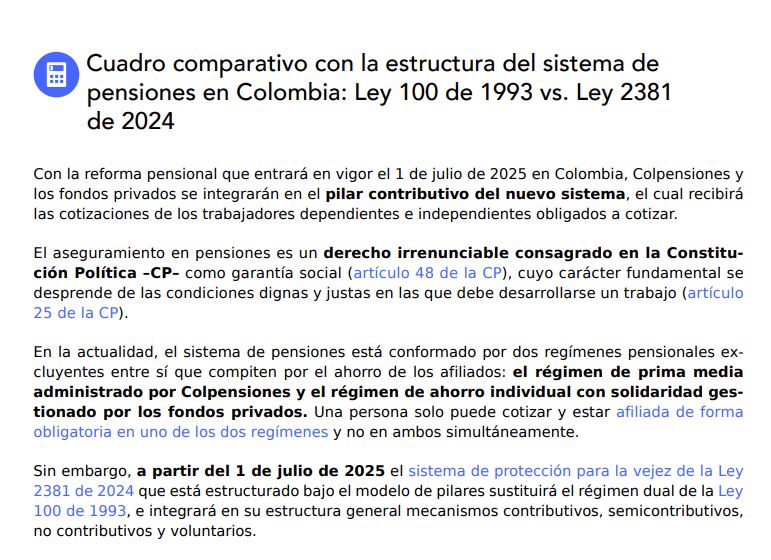 Cuadro comparativo con la estructura del sistema de pensiones en Colombia: Ley 100 de 1993 vs. Ley 2381 de 2024