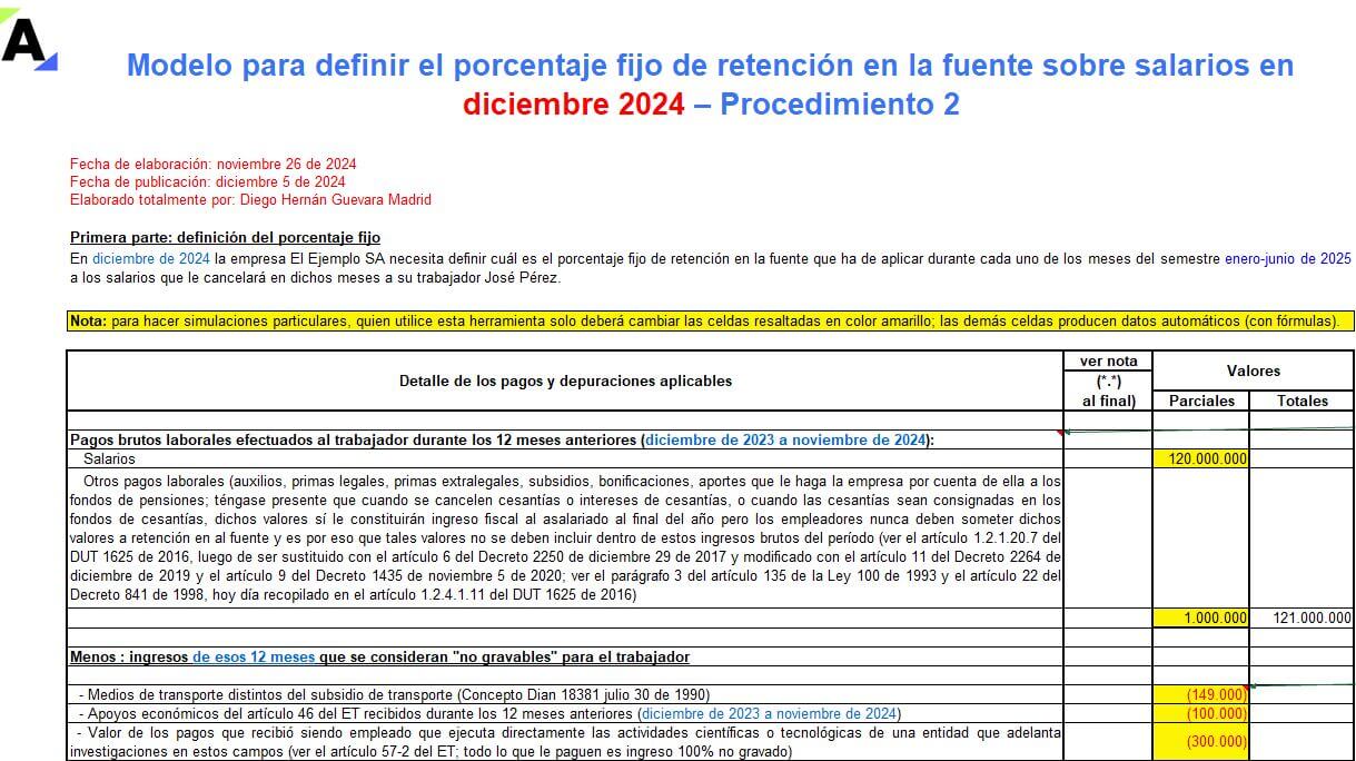 Liquidador en Excel del porcentaje fijo de retención en la fuente sobre salarios en diciembre de 2024 – Procedimiento 2