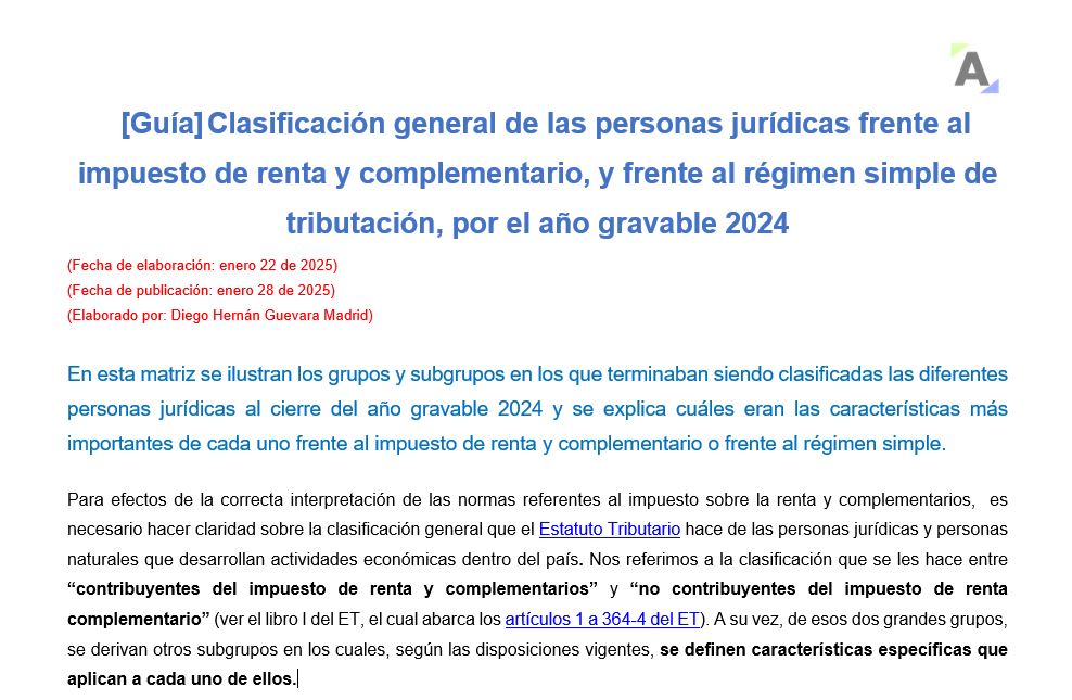 [Guía] Clasificación de las personas jurídicas frente al impuesto de renta y el SIMPLE AG 2024