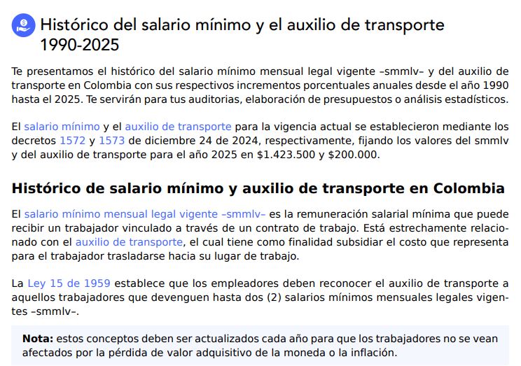 Histórico del salario mínimo y el auxilio de transporte 1990-2025