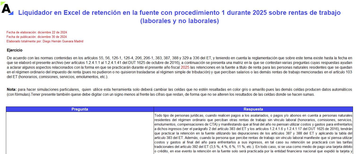 Liquidador en Excel de retención en la fuente con procedimiento 1 durante 2025 sobre rentas de trabajo (laborales y no laborales)