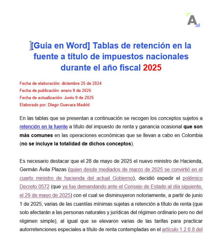 Tablas en Word de retención en la fuente a título de impuestos nacionales durante el año fiscal 2025
