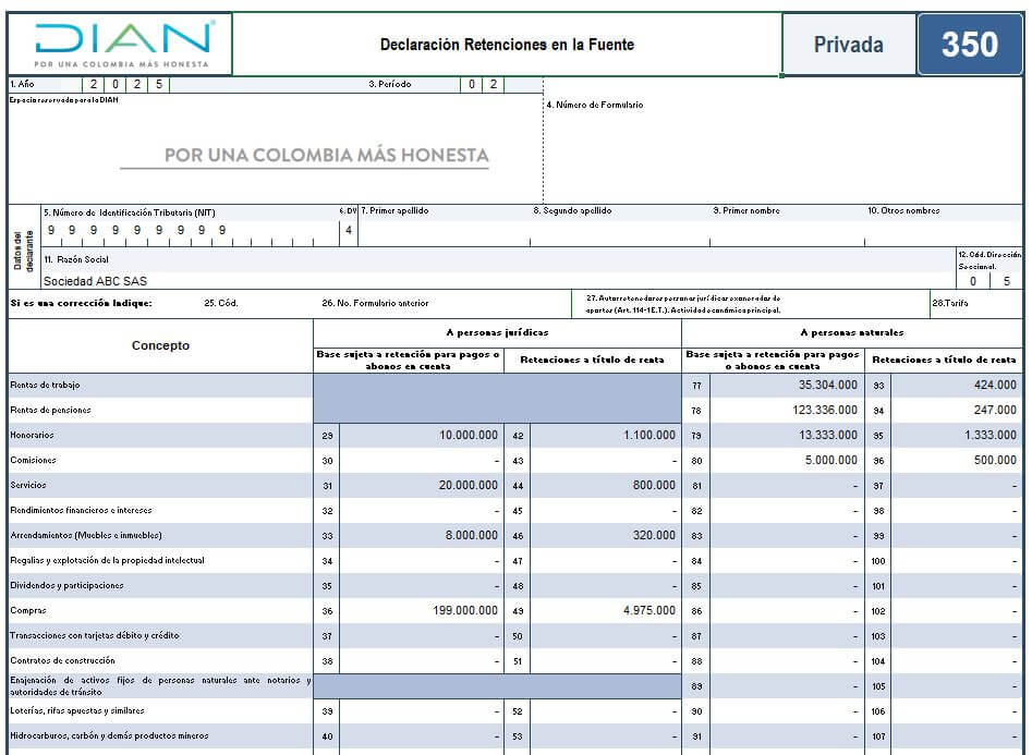 [Liquidador] Excel del formulario 350 AG 2025 – declaración de retención en la fuente