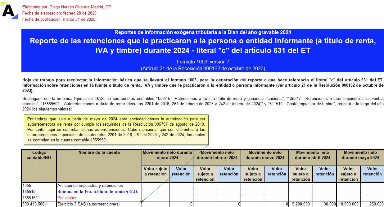 [Liquidador] Plantilla del formato 1003 de exógena 2024: retenciones que le practicaron al informante