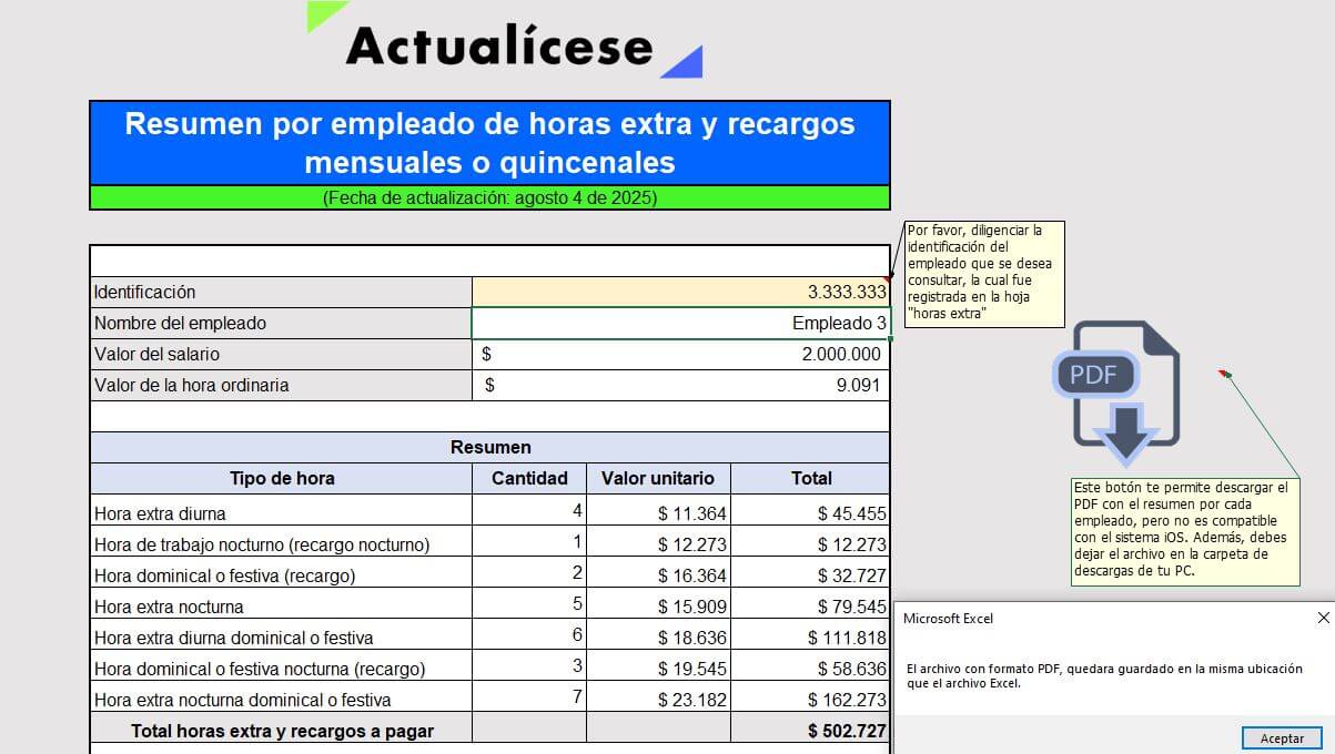 Formato de cálculo de horas extra y recargos mensuales o quincenales