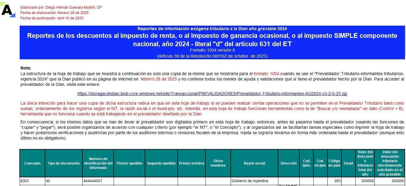 [Liquidador] Plantilla del formato 1004 de exógena 2024: reporte de descuentos al impuesto de renta y el SIMPLE