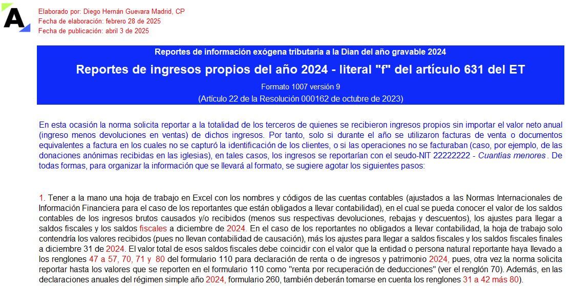 [Liquidador] Plantilla del formato 1007 de exógena 2024: información de ingresos propios