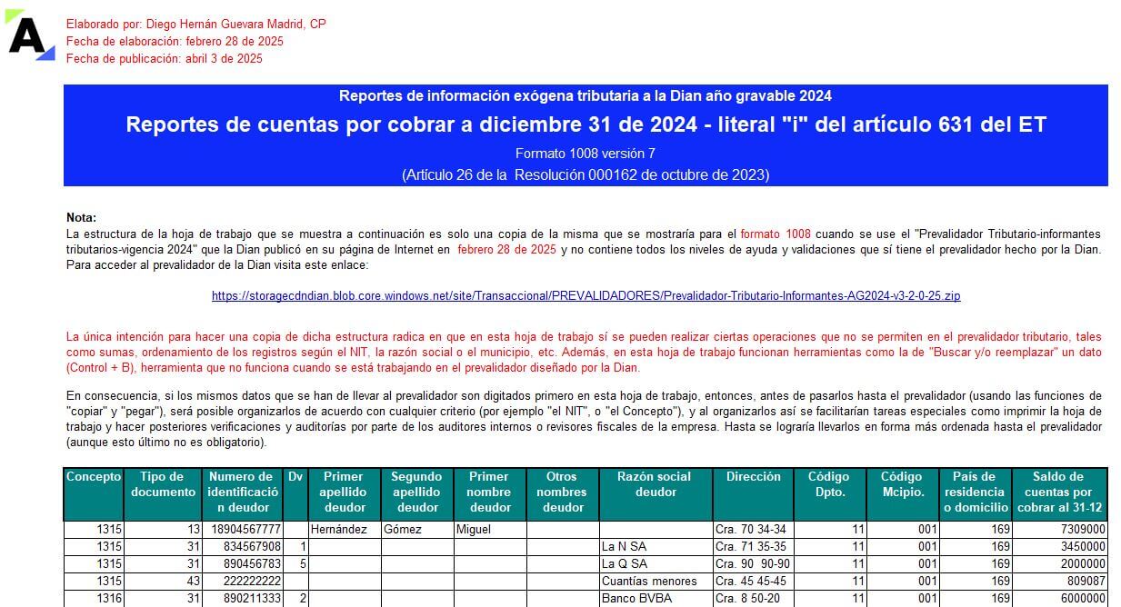 [Liquidador] Plantilla del formato 1008 de exógena 2024: información de cuentas por cobrar