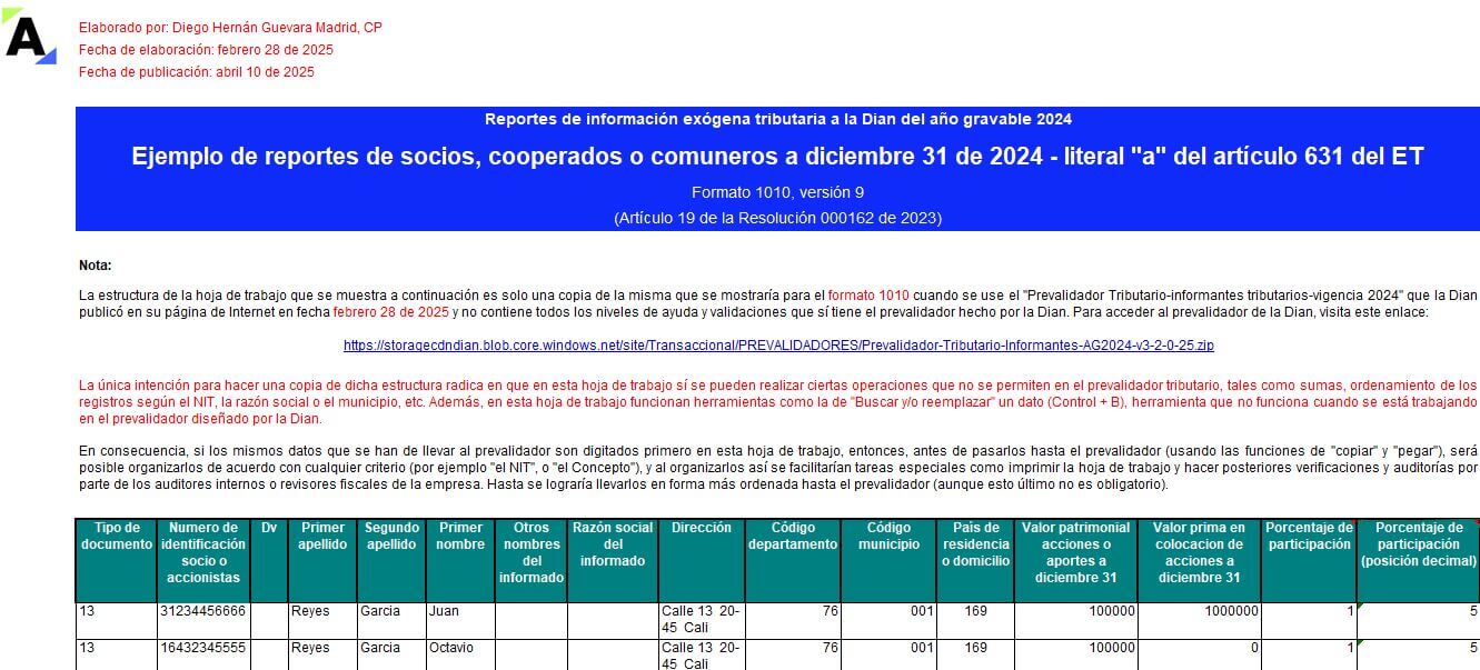 [Liquidador] Plantilla del formato 1010 de exógena 2024: información de socios, cooperados o comuneros