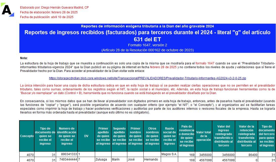 [Liquidador] Plantilla del formato 1647 de exógena 2024: reporte de ingresos recibidos para terceros