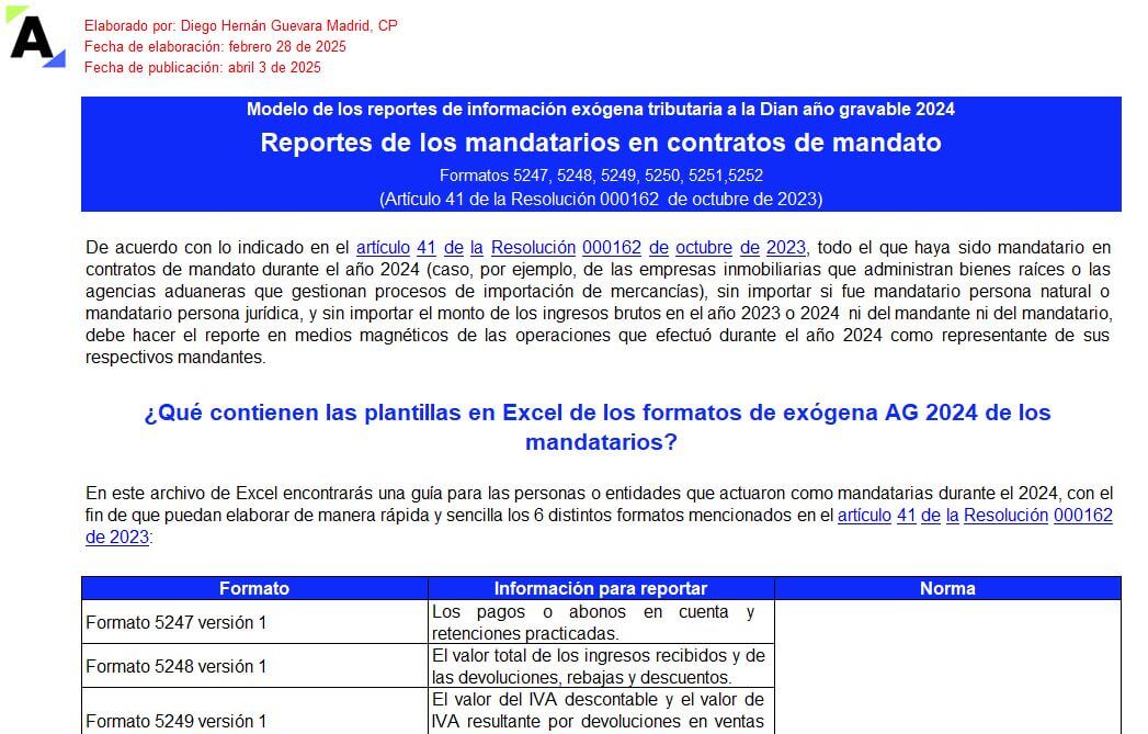 [Liquidador] Plantilla de los formatos 5247 a 5252 de exógena 2024: reportes de los mandatarios