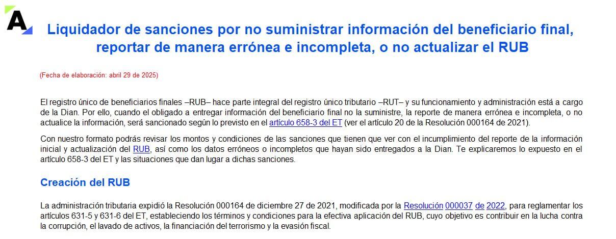 Liquidador de sanciones por no suministrar información del beneficiario final, reportar de manera errónea e incompleta, o no actualizar el RUB