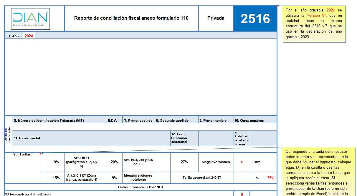 [Liquidador] Excel del formulario 110 y el formato 2516 para la declaración de renta de personas naturales no residentes que llevan contabilidad AG 2024